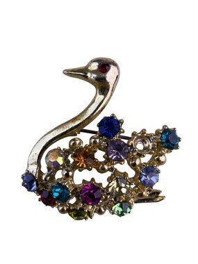 Gold-Tone Metal Multicolor Rhinestone Swan Brooch Pin Womens Jewelry